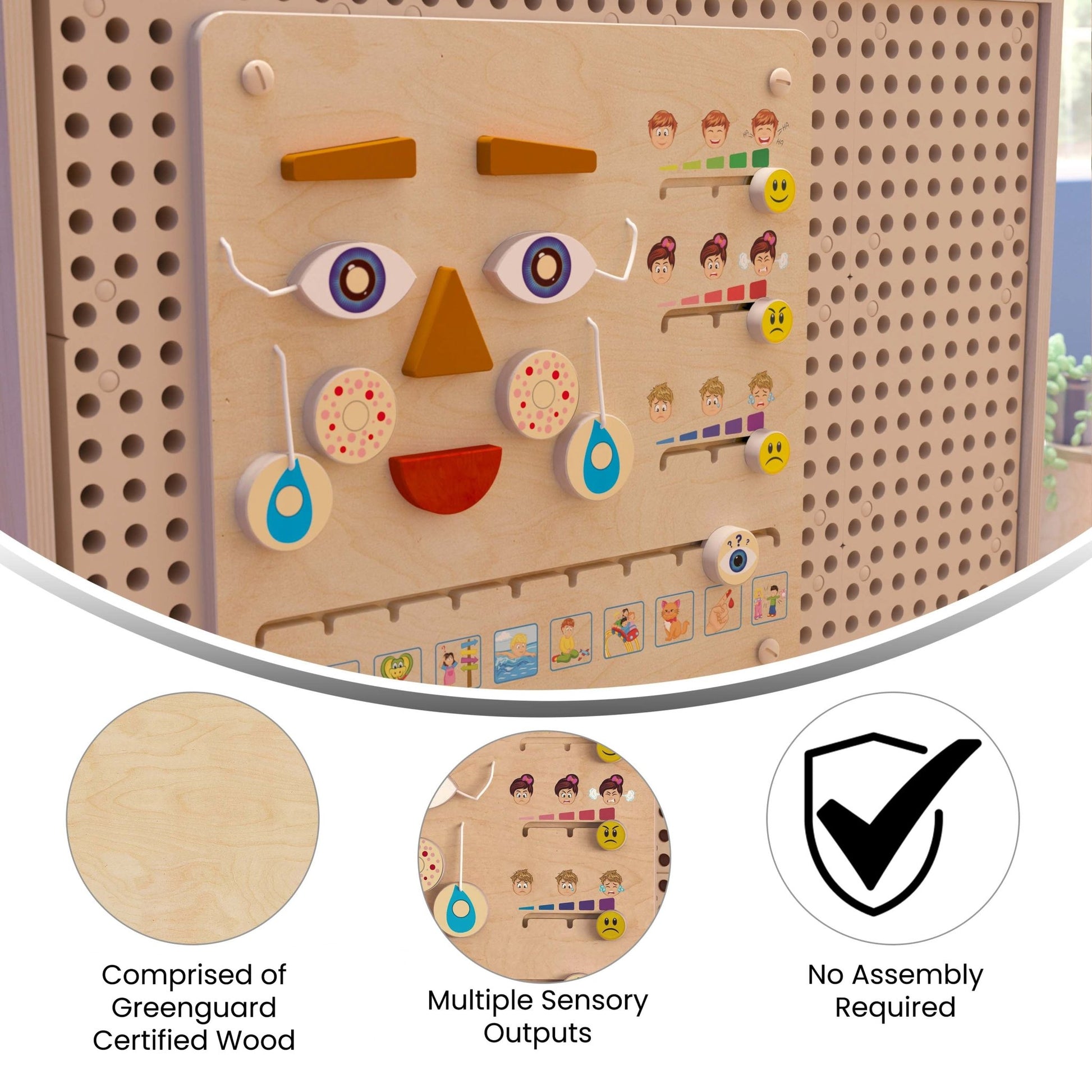 Bright Beginnings Commercial Grade STEAM Wall Activity Board with Natural Finish and Multicolor Accents, Feelings and Moods - SchoolOutlet
