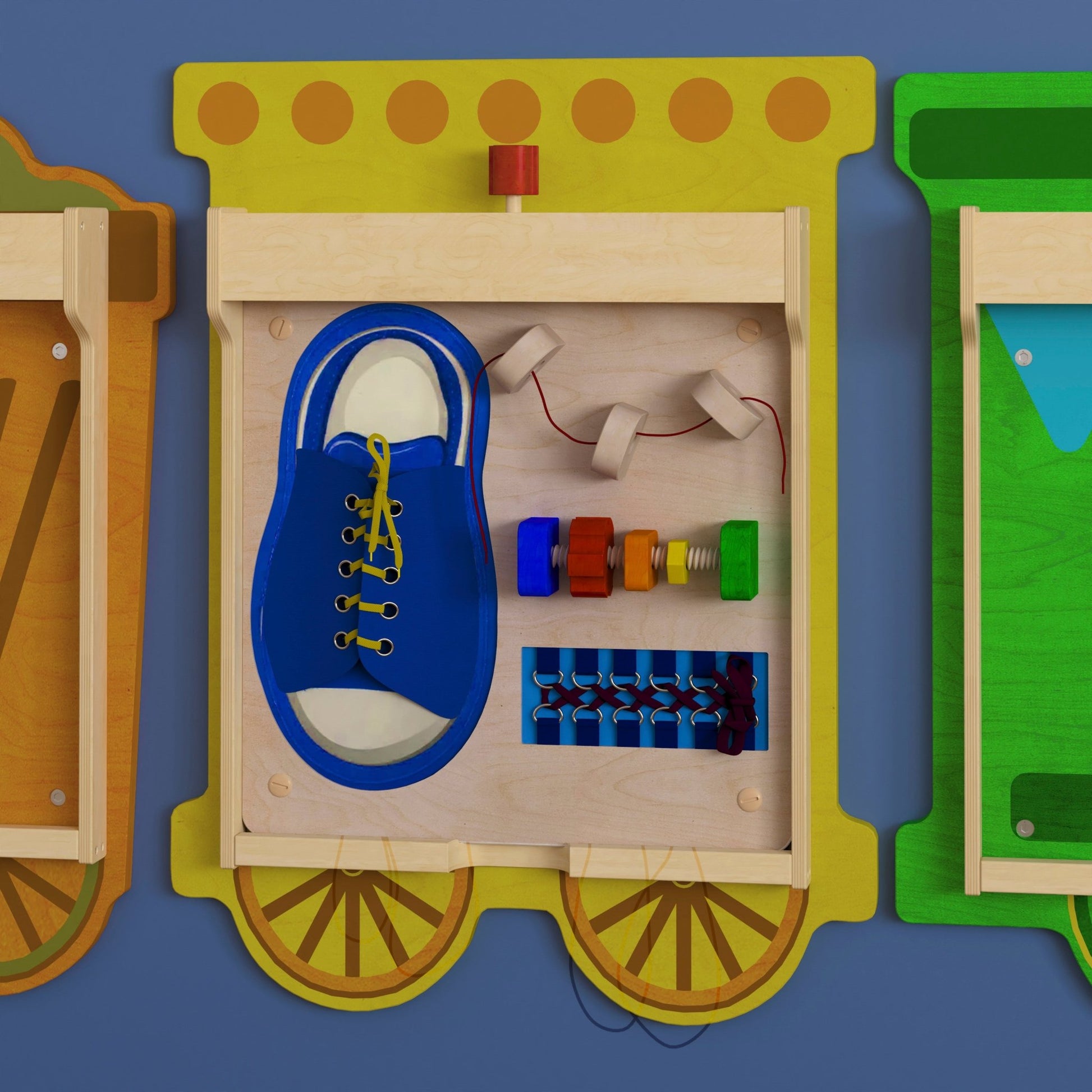 Bright Beginnings Commercial Grade STEAM Wall Activity Board with Natural Finish and Multicolor Accents, Tie It - Turn It - SchoolOutlet