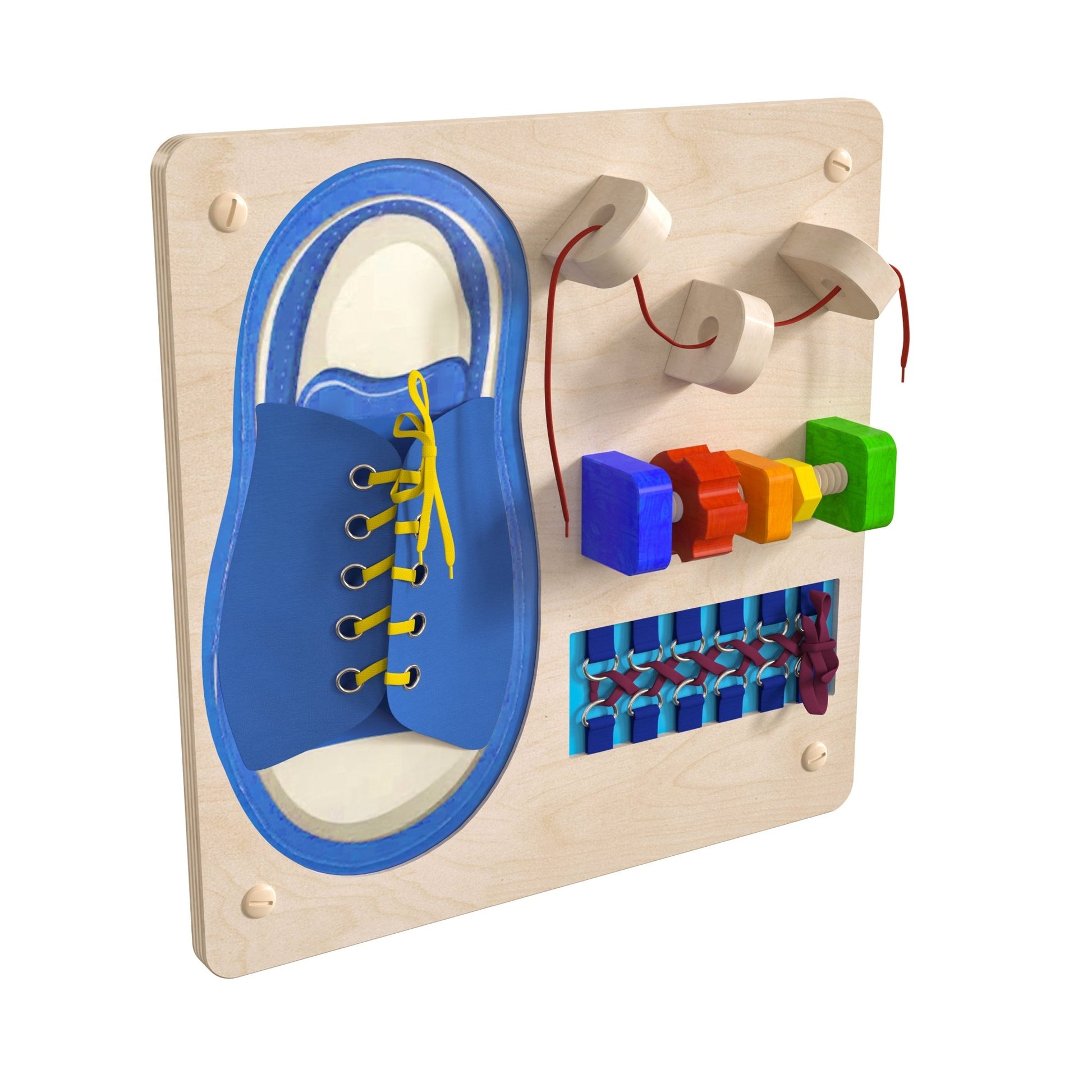 Bright Beginnings Commercial Grade STEAM Wall Activity Board with Natural Finish and Multicolor Accents, Tie It - Turn It - SchoolOutlet