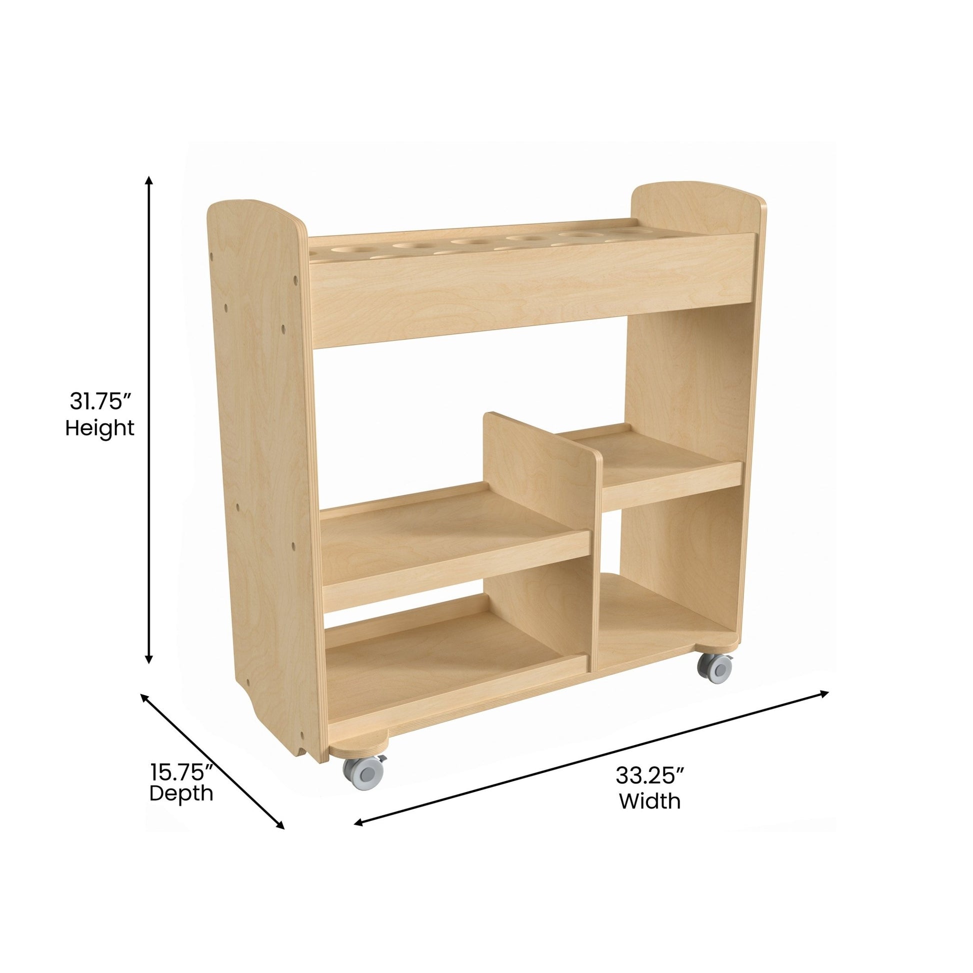 Bright Beginnings Commercial Wood Double Sided Mobile Storage Cart, 14 Round Storage Compartments, 4 Storage Shelves, Locking Caster Wheels, Natural - SchoolOutlet