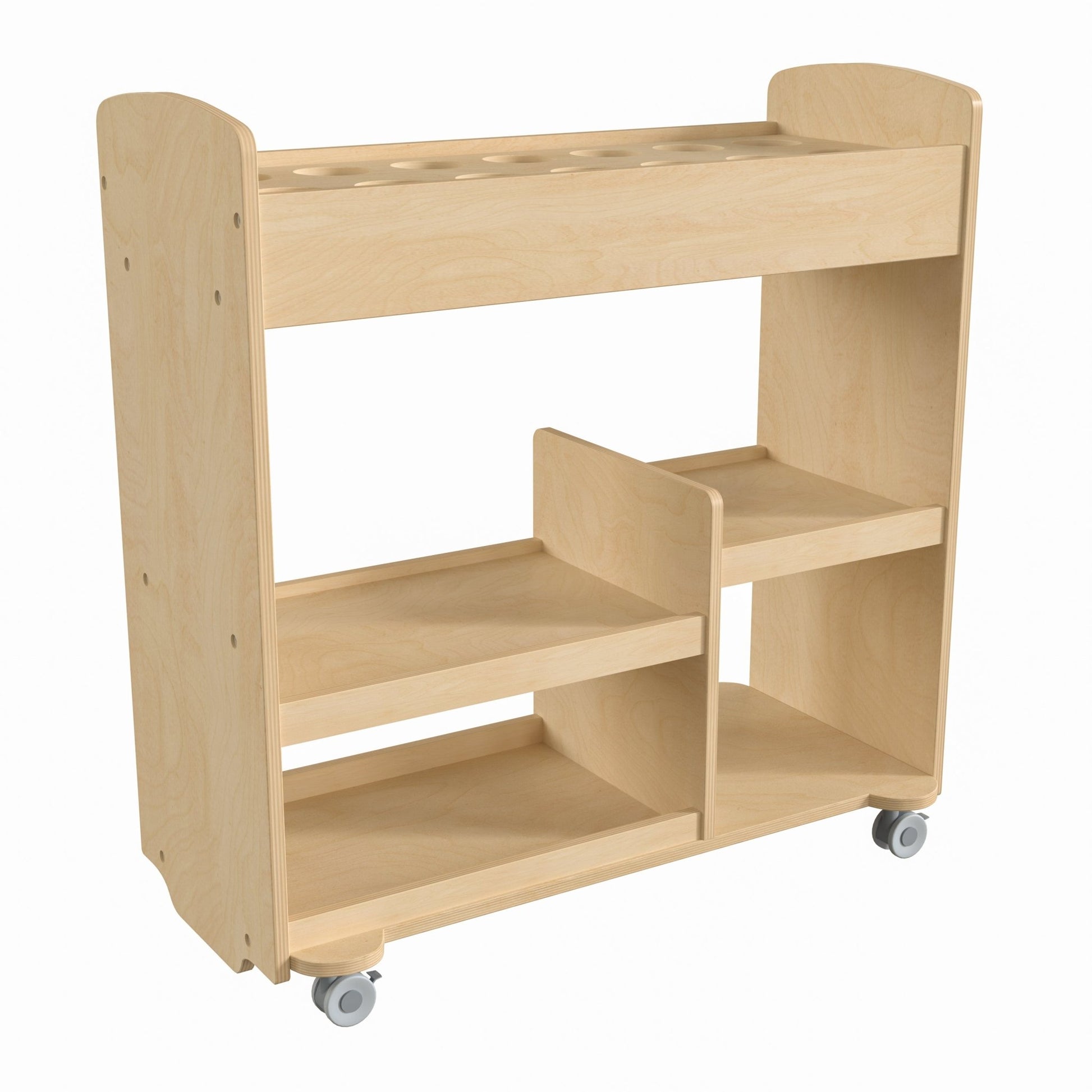 Bright Beginnings Commercial Wood Double Sided Mobile Storage Cart, 14 Round Storage Compartments, 4 Storage Shelves, Locking Caster Wheels, Natural - SchoolOutlet