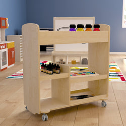 Bright Beginnings Commercial Wood Double Sided Mobile Storage Cart, 14 Round Storage Compartments, 4 Storage Shelves, Locking Caster Wheels, Natural