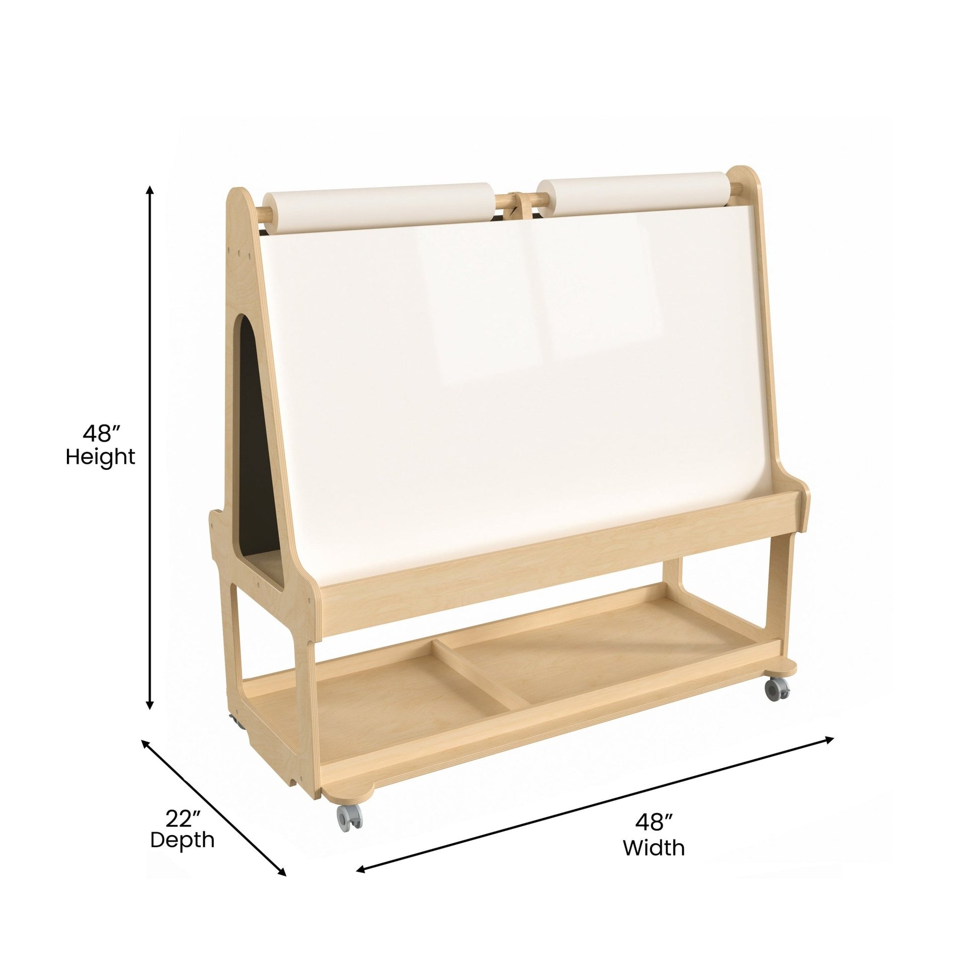 Bright Beginnings Commercial Wooden Mobile Dual Sided 4 Person Art Station with Locking Caster Wheels and Bottom Shelf Storage, Natural - SchoolOutlet