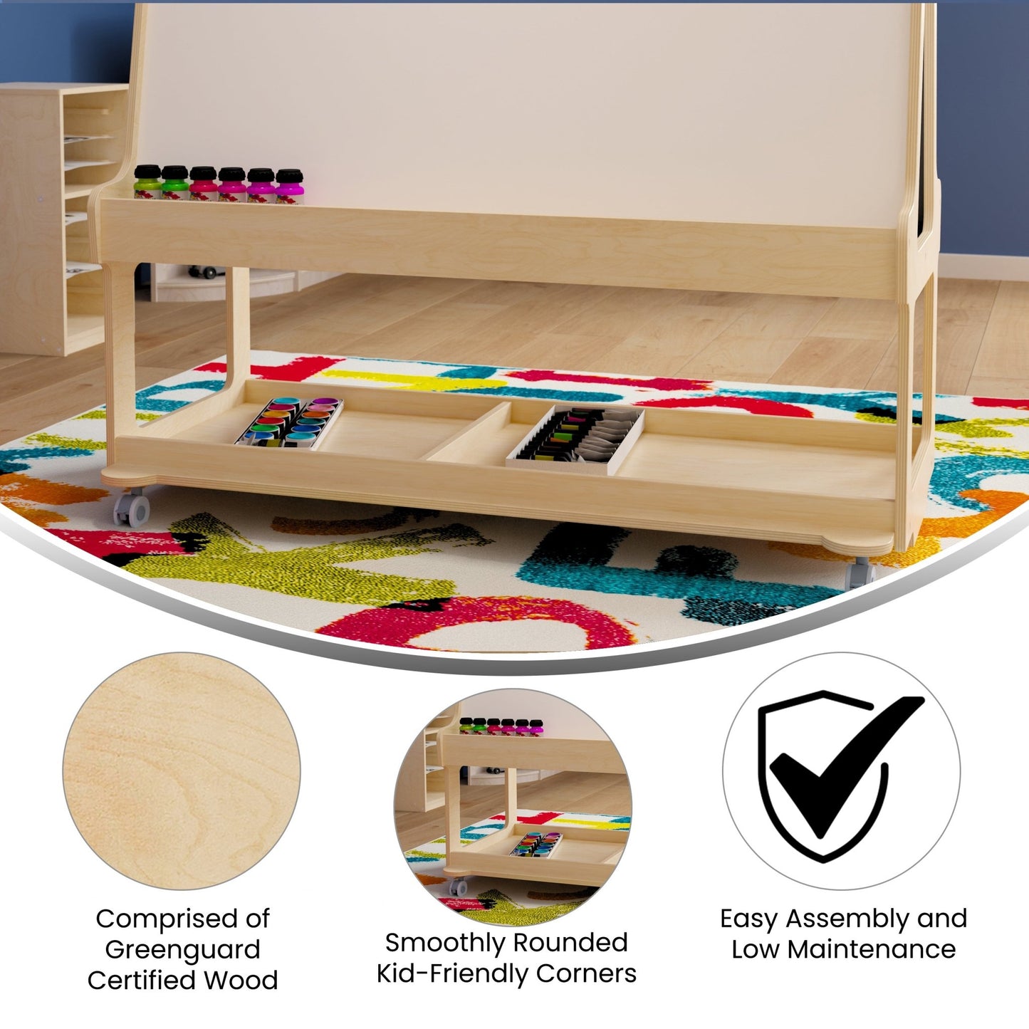 Bright Beginnings Commercial Wooden Mobile Dual Sided 4 Person Art Station with Locking Caster Wheels and Bottom Shelf Storage, Natural - SchoolOutlet