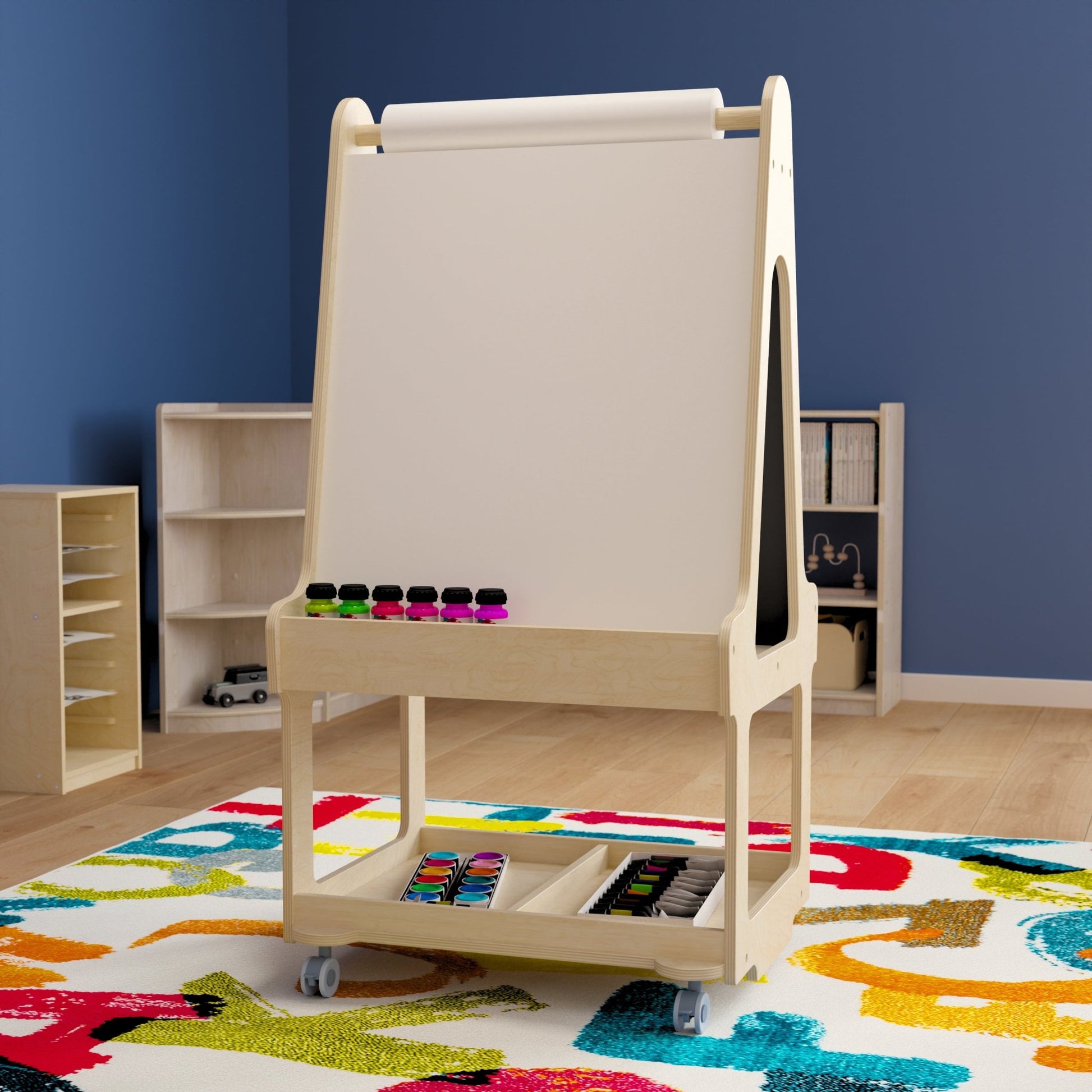 Bright Beginnings Commercial Wooden Mobile Dual Sided 2 Person Art Station with Locking Caster Wheels and Bottom Shelf Storage, Natural - SchoolOutlet