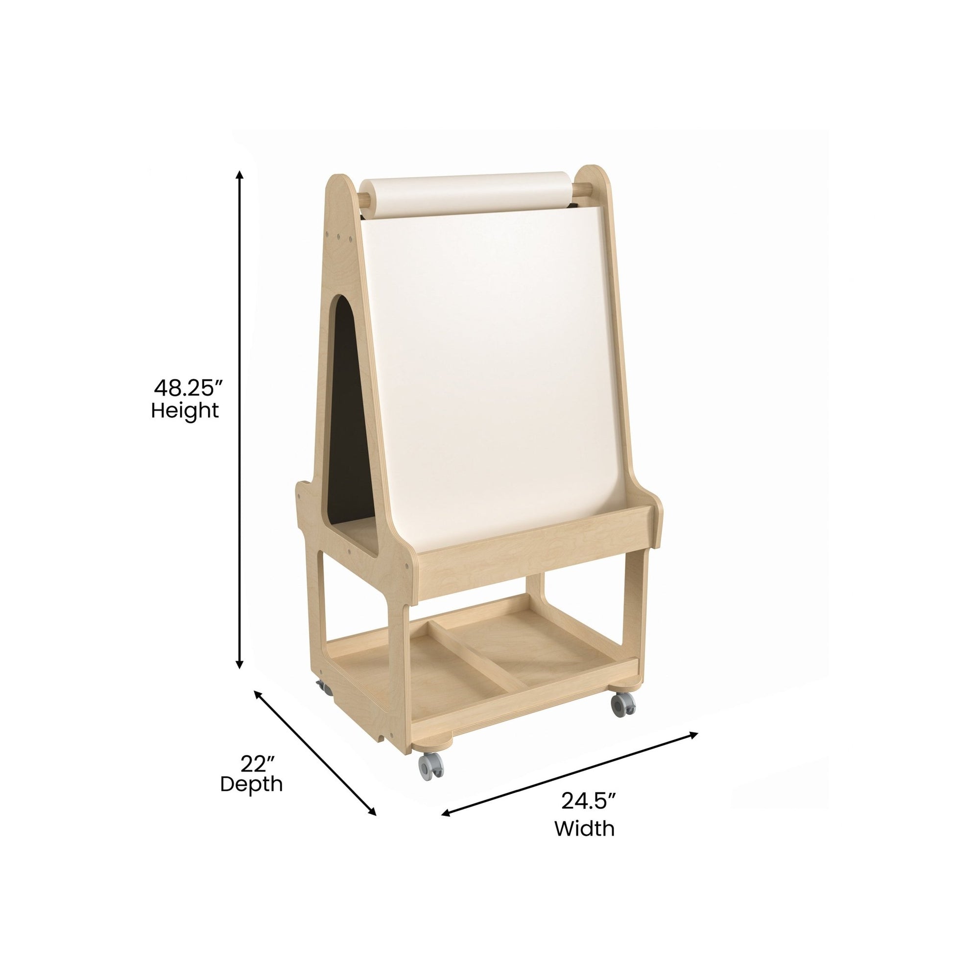 Bright Beginnings Commercial Wooden Mobile Dual Sided 2 Person Art Station with Locking Caster Wheels and Bottom Shelf Storage, Natural - SchoolOutlet