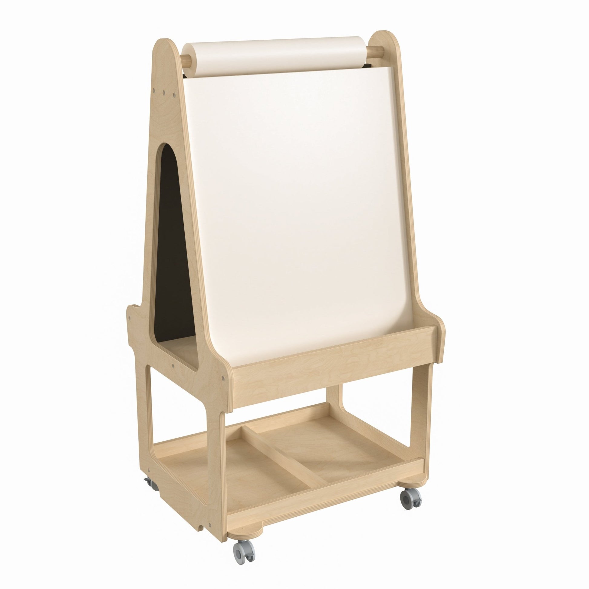Bright Beginnings Commercial Wooden Mobile Dual Sided 2 Person Art Station with Locking Caster Wheels and Bottom Shelf Storage, Natural - SchoolOutlet