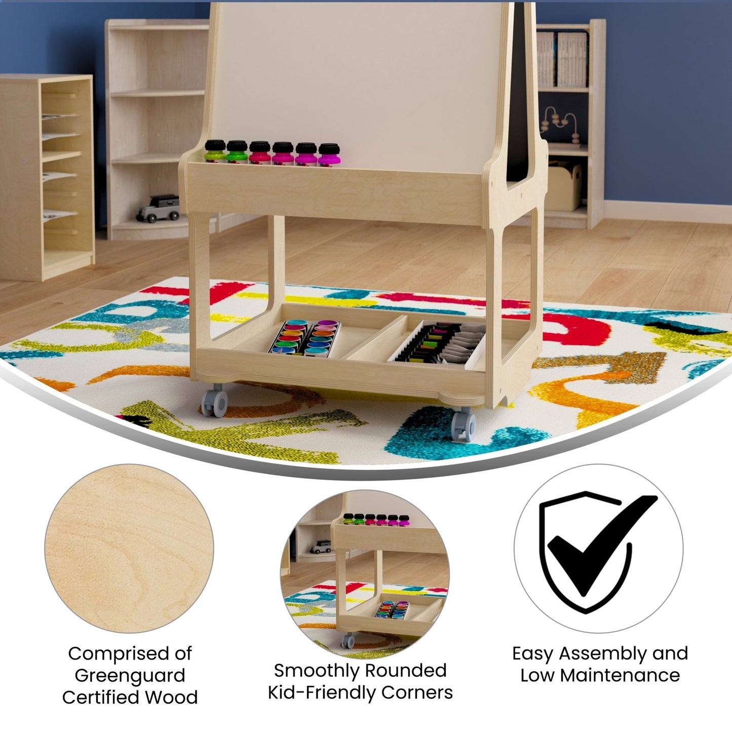 Bright Beginnings Commercial Wooden Mobile Dual Sided 2 Person Art Station with Locking Caster Wheels and Bottom Shelf Storage, Natural - SchoolOutlet