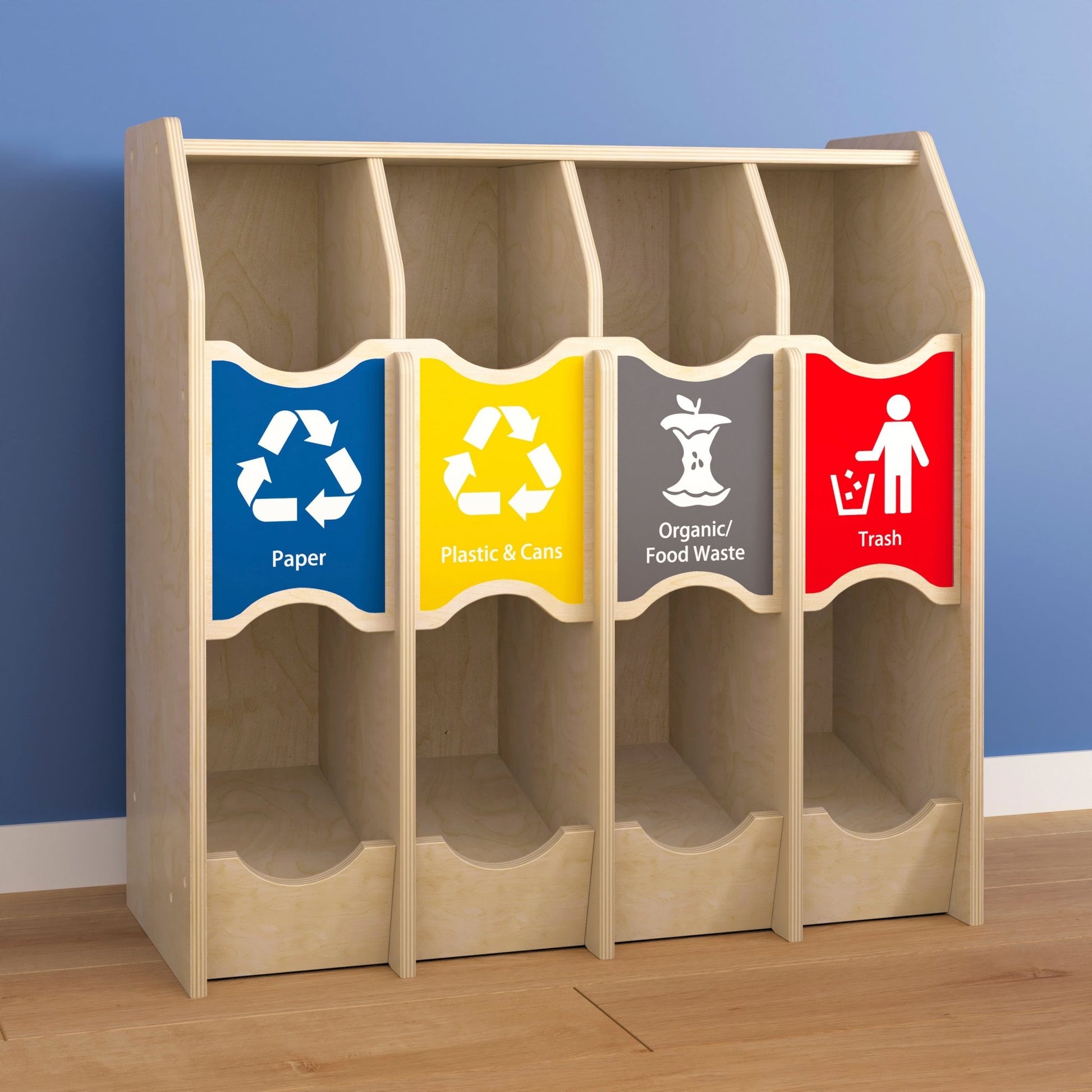 Bright Beginnings Commercial Grade Wooden Pretend Play Recycling Station for Children - SchoolOutlet
