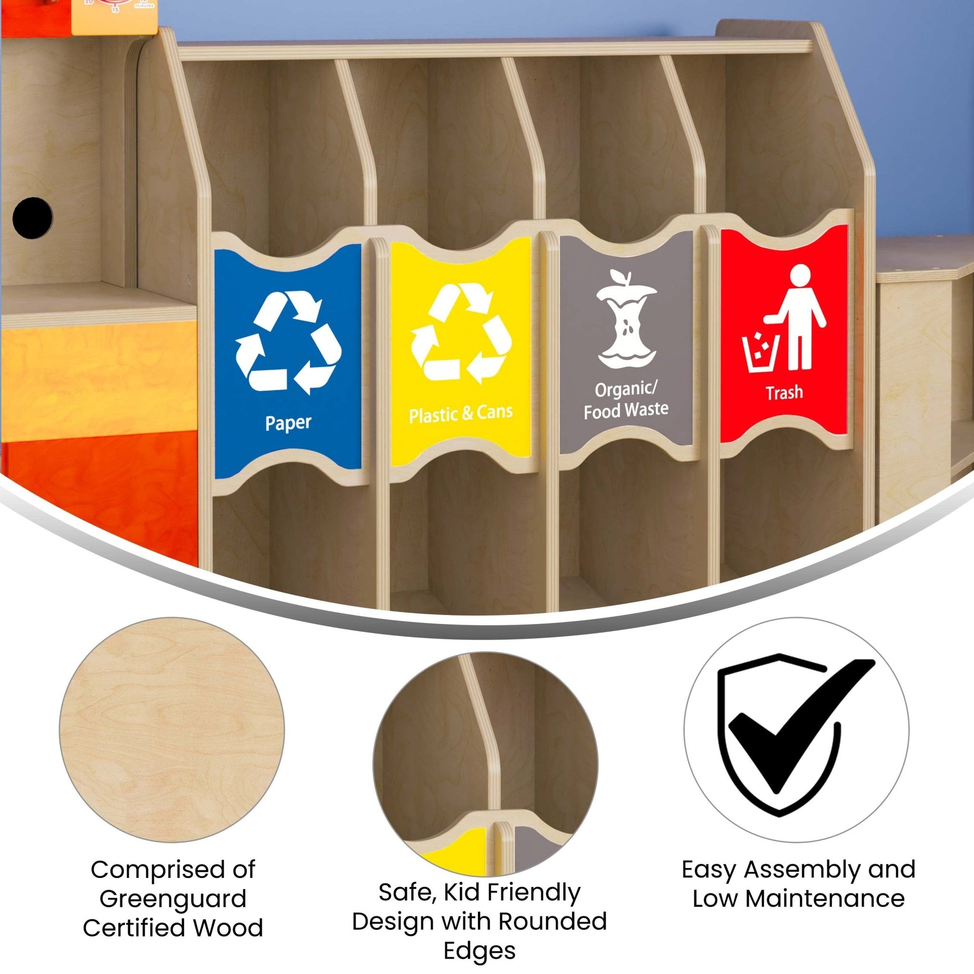 Bright Beginnings Commercial Grade Wooden Pretend Play Recycling Station for Children - SchoolOutlet