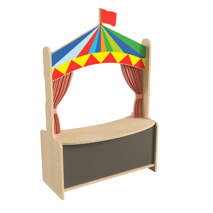 Bright Beginnings Wooden Puppet Theater with Removable Curtains and Bottom Magnetic Chalkboard with Locking Caster Wheels, Natural - SchoolOutlet