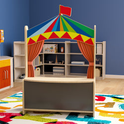 Bright Beginnings Wooden Puppet Theater with Removable Curtains and Bottom Magnetic Chalkboard with Locking Caster Wheels, Natural