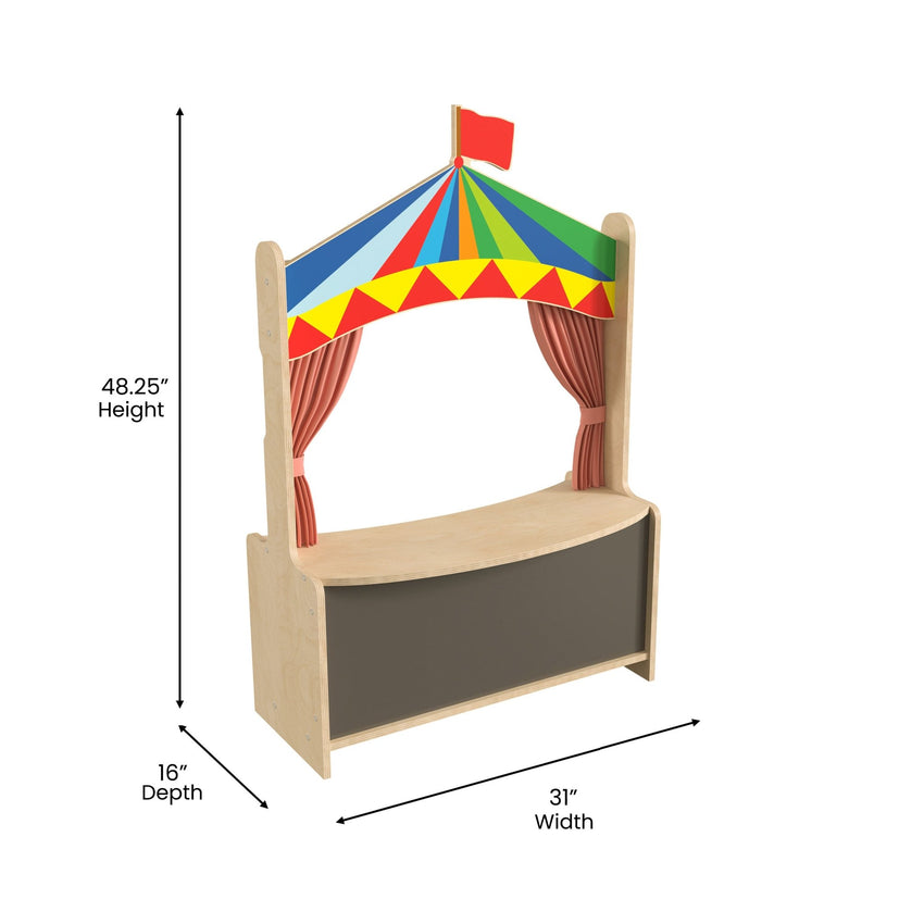 Bright Beginnings Wooden Puppet Theater with Removable Curtains and Bottom Magnetic Chalkboard with Locking Caster Wheels, Natural - SchoolOutlet