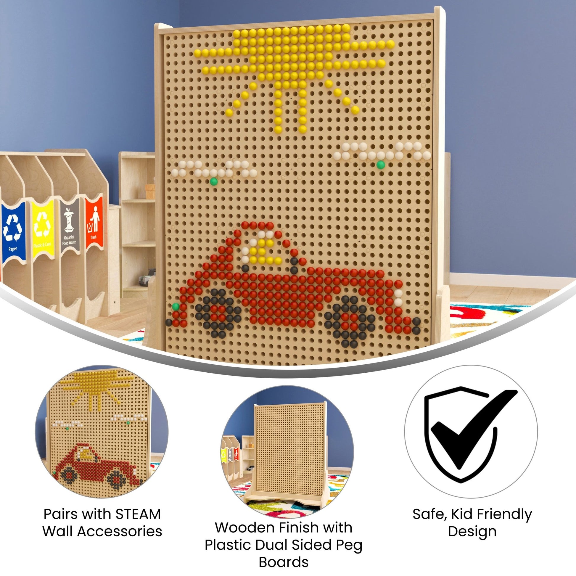 Bright Beginnings Commercial Grade Natural Finish Wooden Double Sided Freestanding STEAM Wall Base with Peg Panels - SchoolOutlet