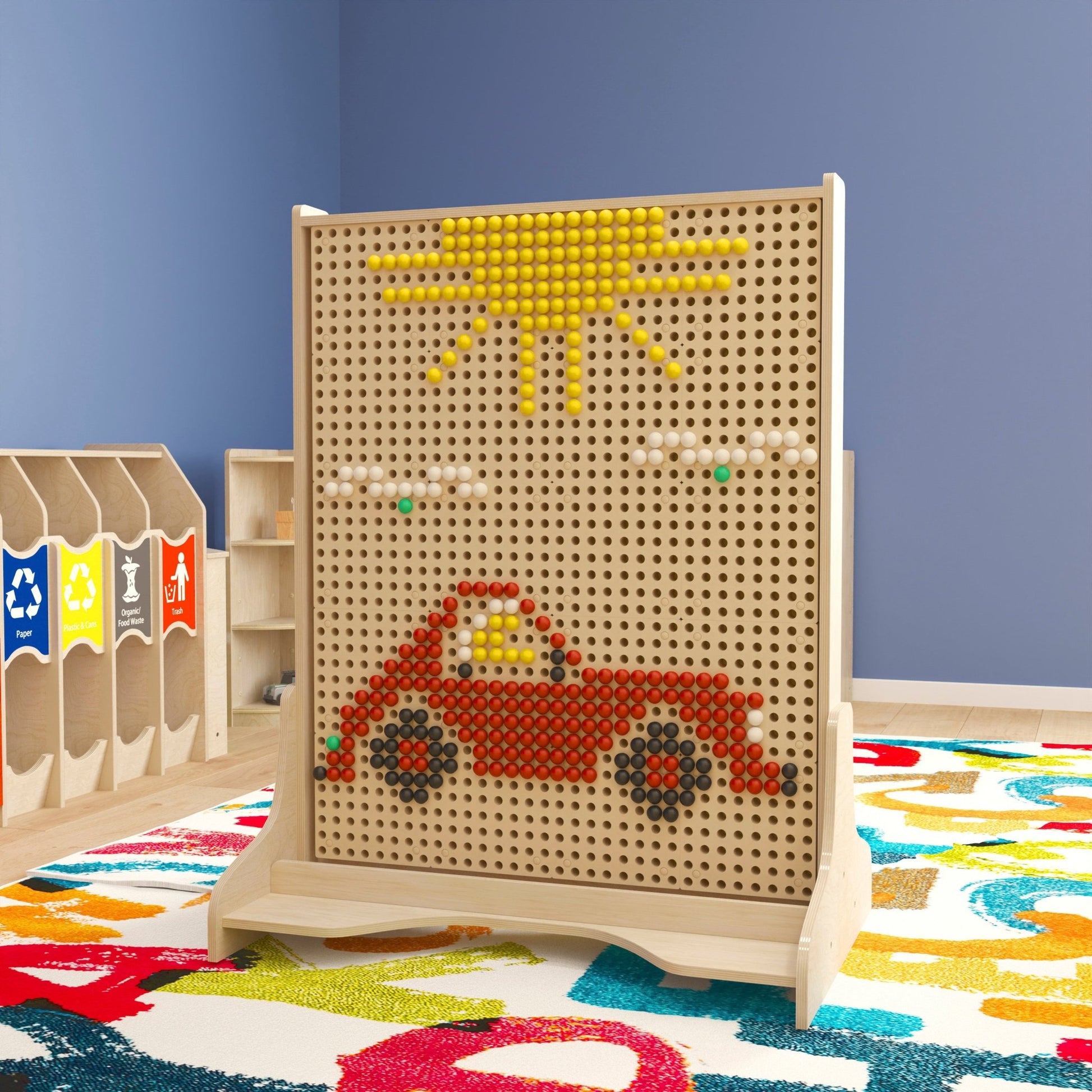 Bright Beginnings Commercial Grade Natural Finish Wooden Double Sided Freestanding STEAM Wall Base with Peg Panels - SchoolOutlet