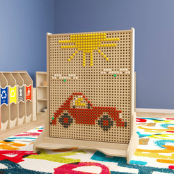 Bright Beginnings Commercial Grade Natural Finish Wooden Double Sided Freestanding STEAM Wall Base with Peg Panels