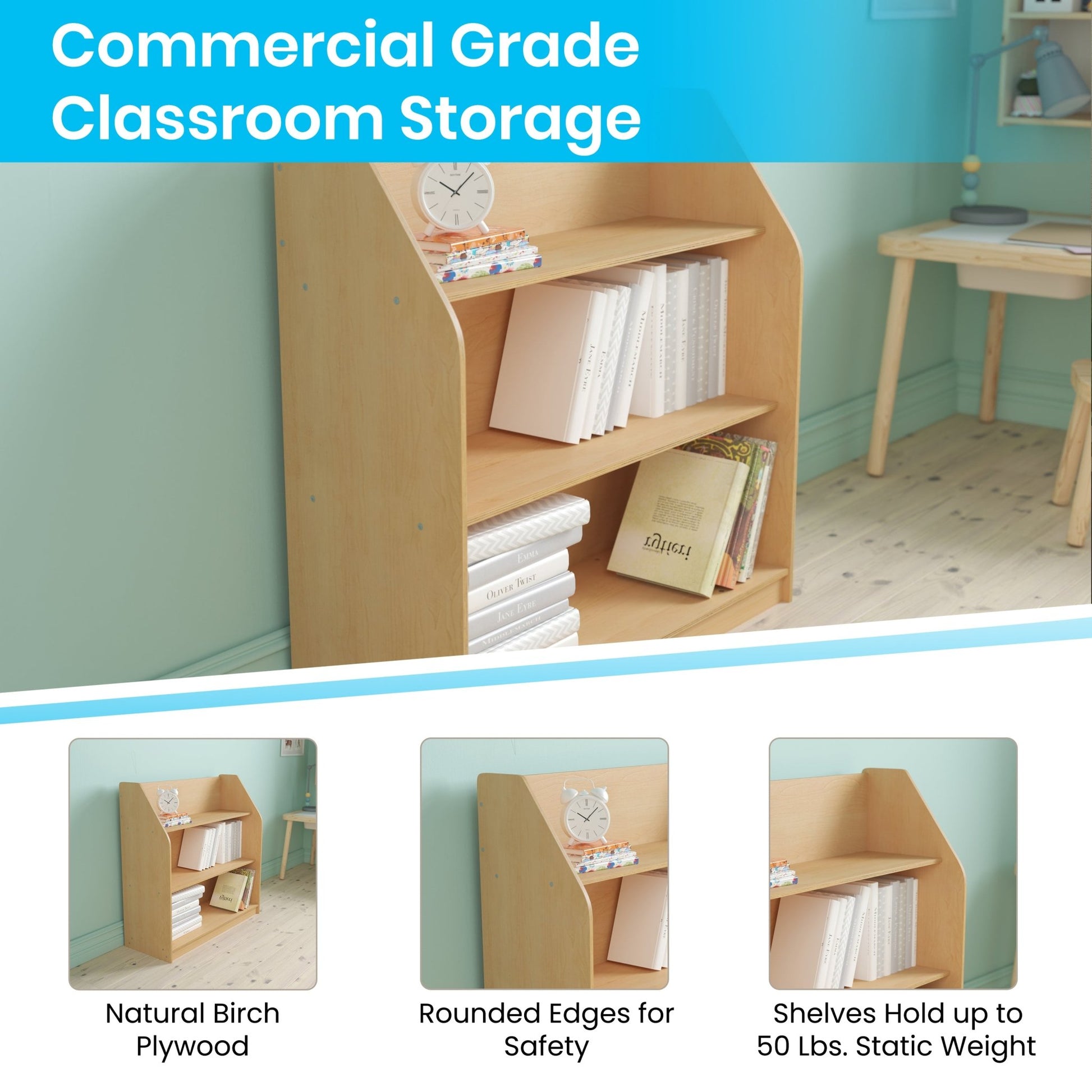 Hercules Natural Wooden 3 Shelf Book Display with Safe, Kid Friendly Curved Edges - Commercial Grade for Daycare, Classroom or Playroom Storage - SchoolOutlet