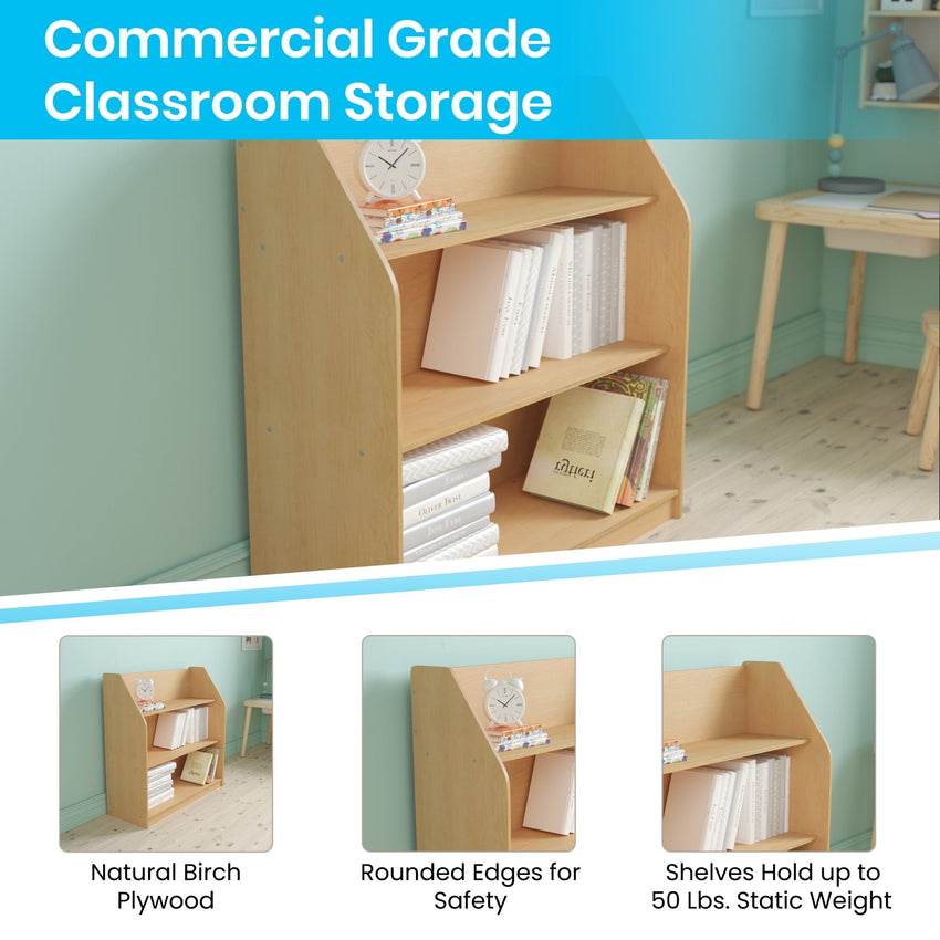 Hercules Natural Wooden 3 Shelf Book Display with Safe, Kid Friendly Curved Edges - Commercial Grade for Daycare, Classroom or Playroom Storage - SchoolOutlet