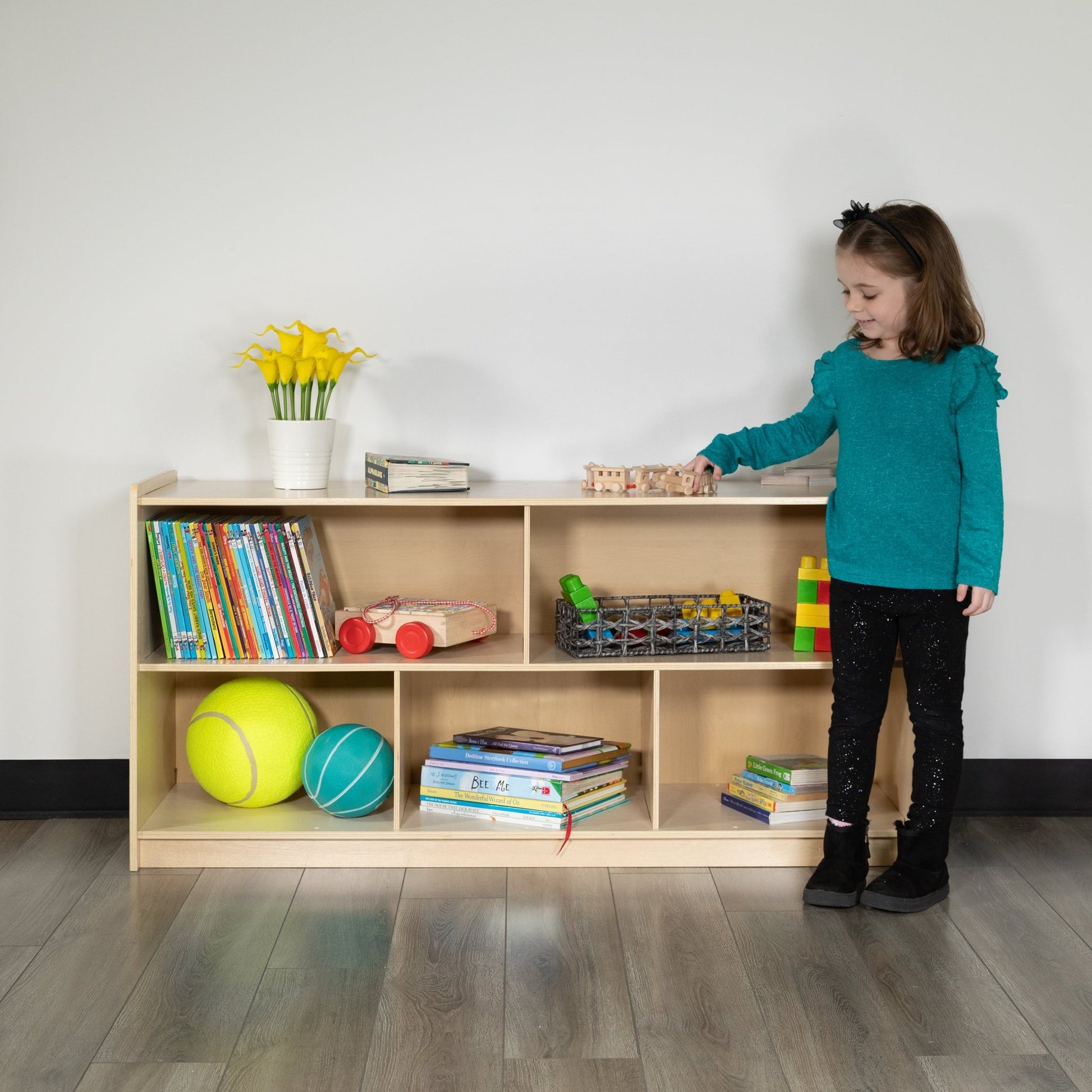 Hercules Wooden 5 Section School Classroom Storage Cabinet for Commercial or Home Use - Safe, Kid Friendly Design - 24"H x 48"L (Natural) - SchoolOutlet
