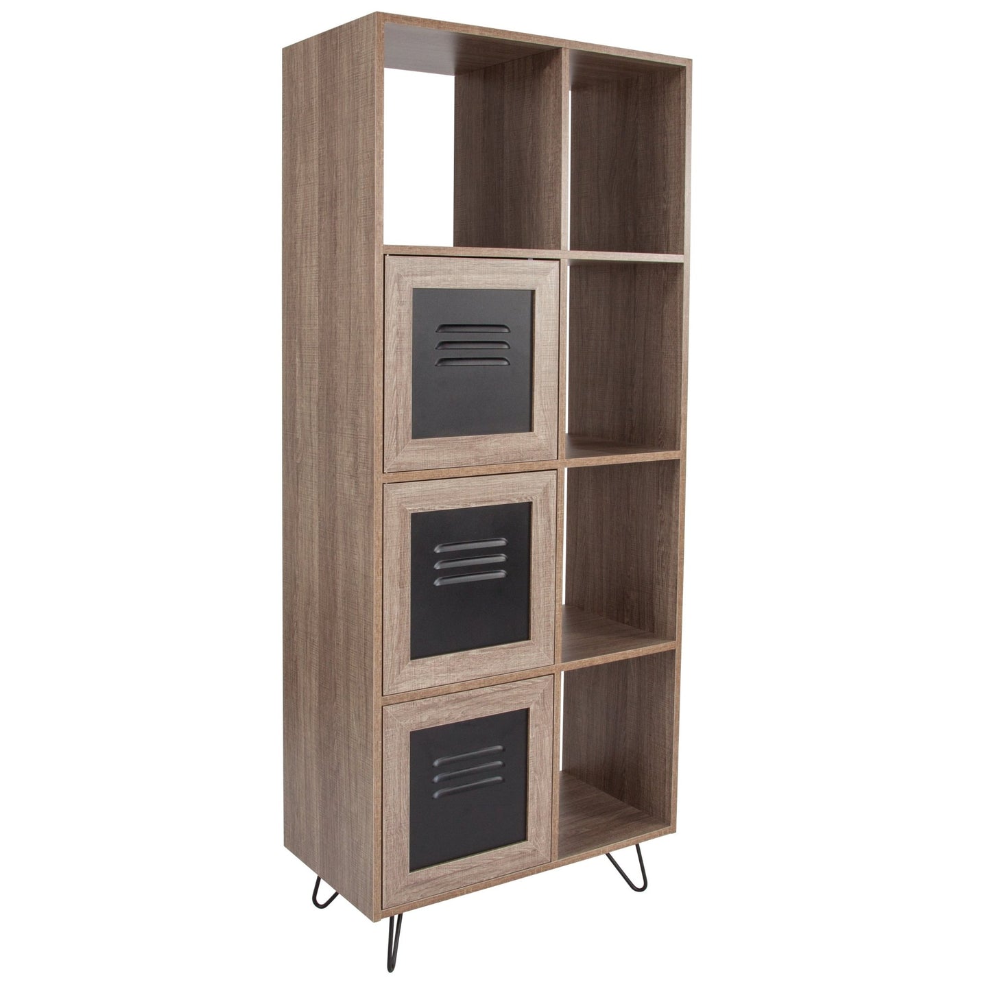 Woodridge Collection 63"H 5 Cube Storage Organizer Bookcase with Metal Cabinet Doors in Rustic Wood Grain Finish - SchoolOutlet