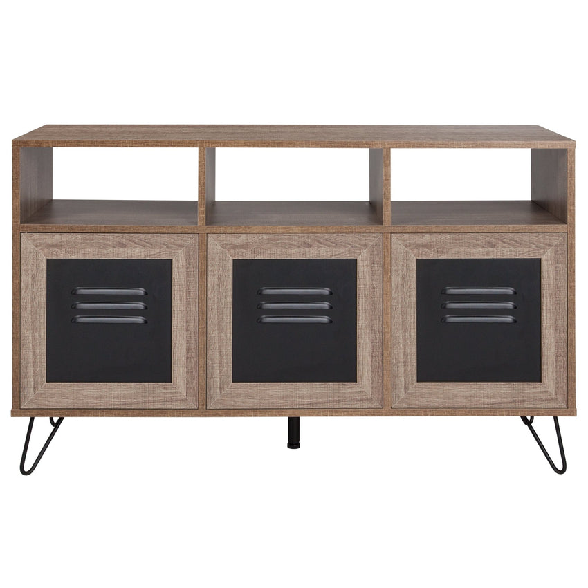 Woodridge Collection 44"W 3 Shelf Storage Console/Cabinet with Metal Doors in Rustic Wood Grain Finish - SchoolOutlet