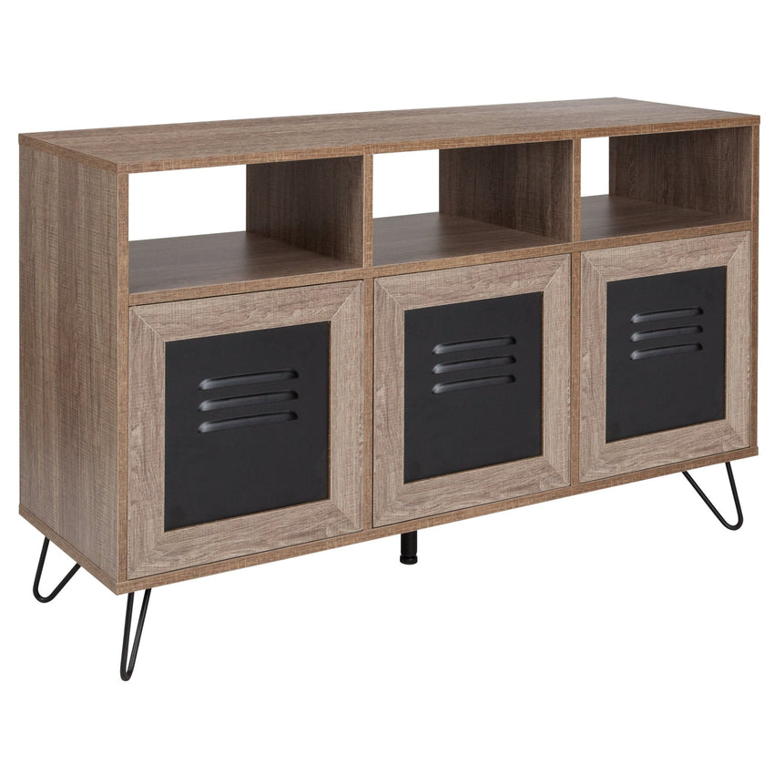 Woodridge Collection 44"W 3 Shelf Storage Console/Cabinet with Metal Doors in Rustic Wood Grain Finish - SchoolOutlet