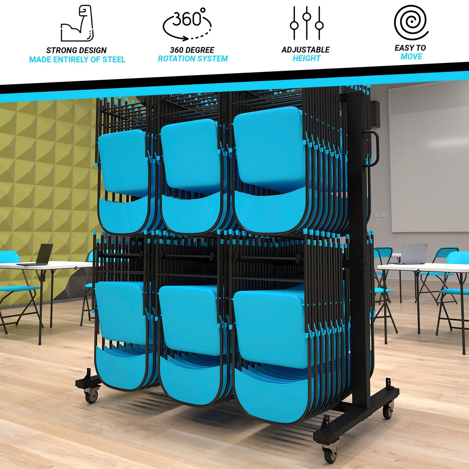 Hawkins Heavy Duty Folding Table and Chairs Mobile Cart-Locking Wheels, Outdoor Cover, 84 Folding Chairs or 42 Chairs and 12 Tables Capacity, Black - SchoolOutlet