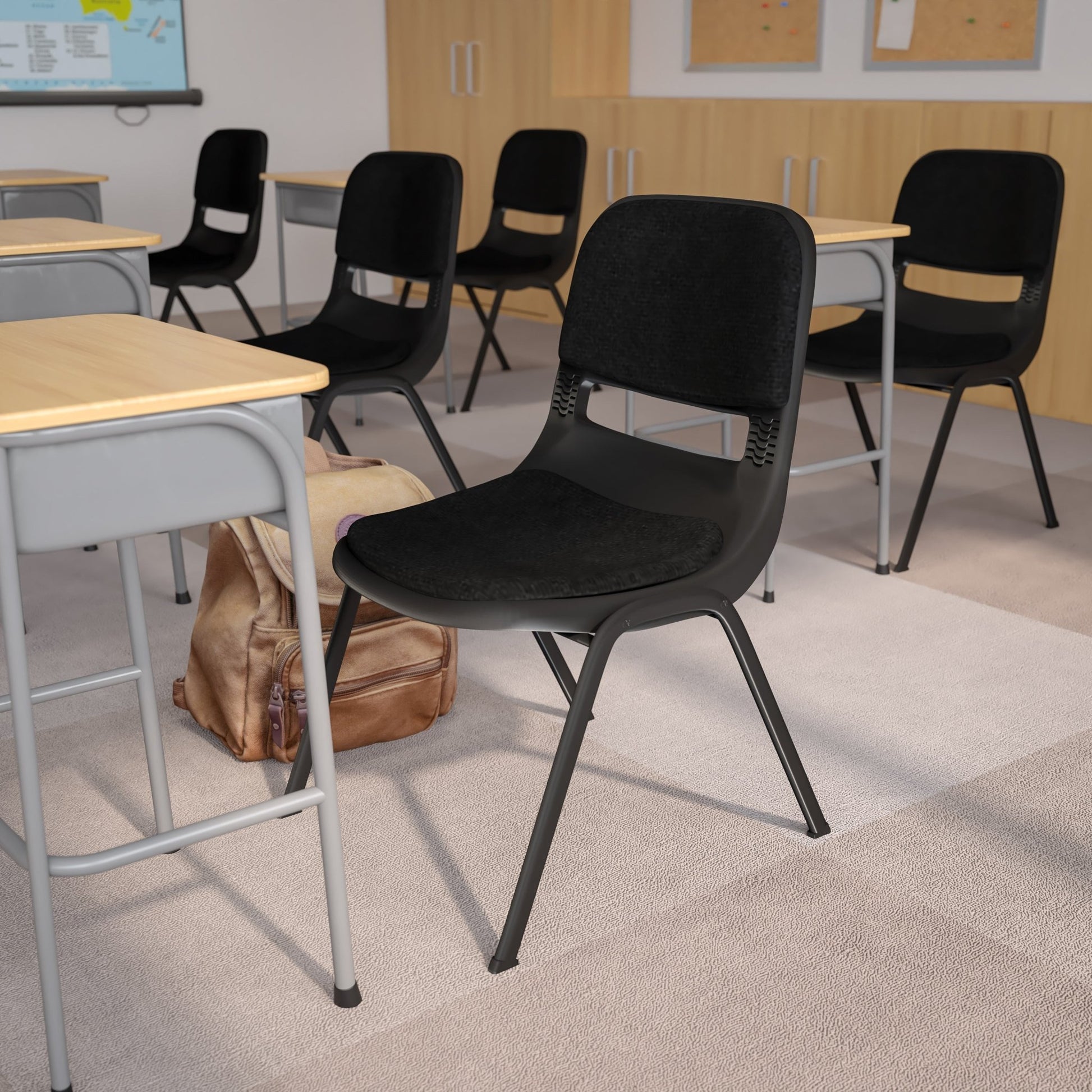 HERCULES Series 880 lb. Capacity Black Padded Ergonomic Shell Stack Chair with Black Frame - SchoolOutlet