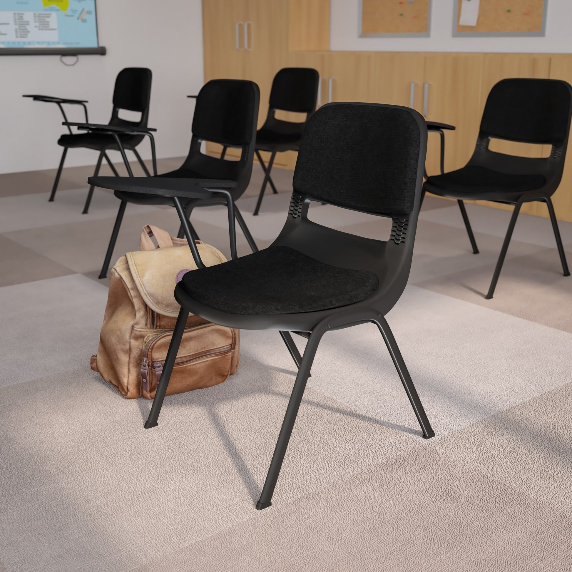 HERCULES Black Padded Ergonomic Shell Chair with Right Handed Flip-Up Tablet Arm - SchoolOutlet