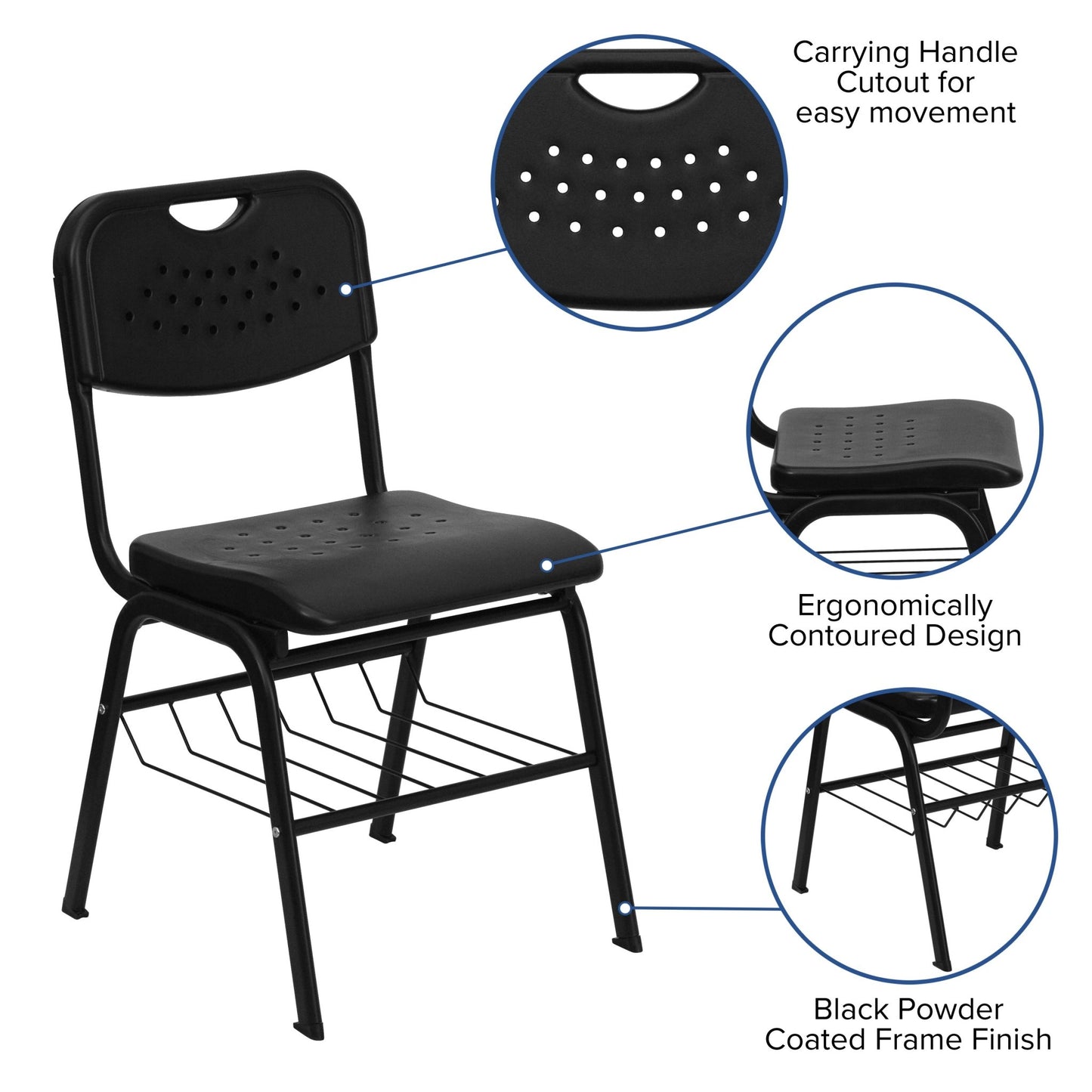 HERCULES Series 880 lb. Capacity Black Plastic Chair with Black Frame and Book Basket - SchoolOutlet