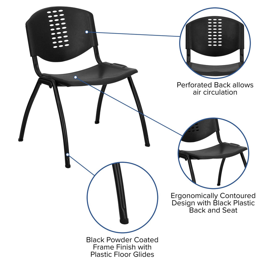 HERCULES Series 880 lb. Capacity Black Plastic Stack Chair with Oval Cutout Back and Black Frame - SchoolOutlet
