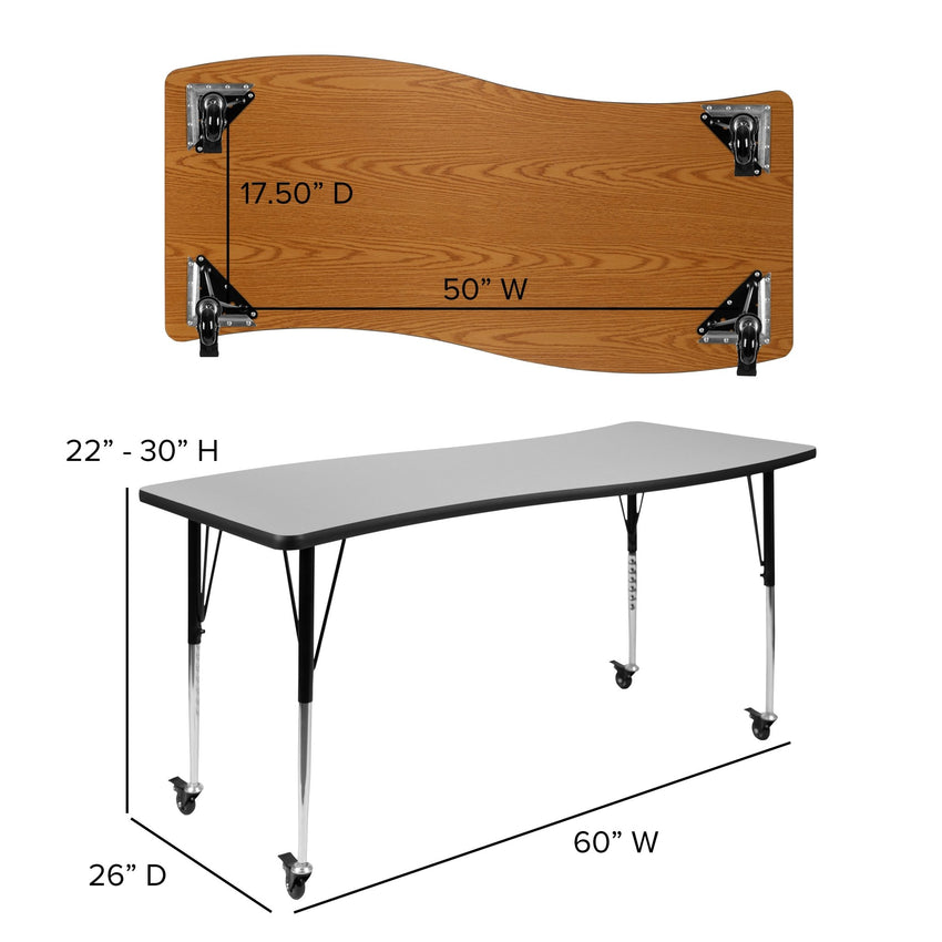 Wren Mobile 26"W x 60"L Rectangle Wave Flexible Collaborative Laminate Activity Table - Standard Height Adjust Legs - SchoolOutlet