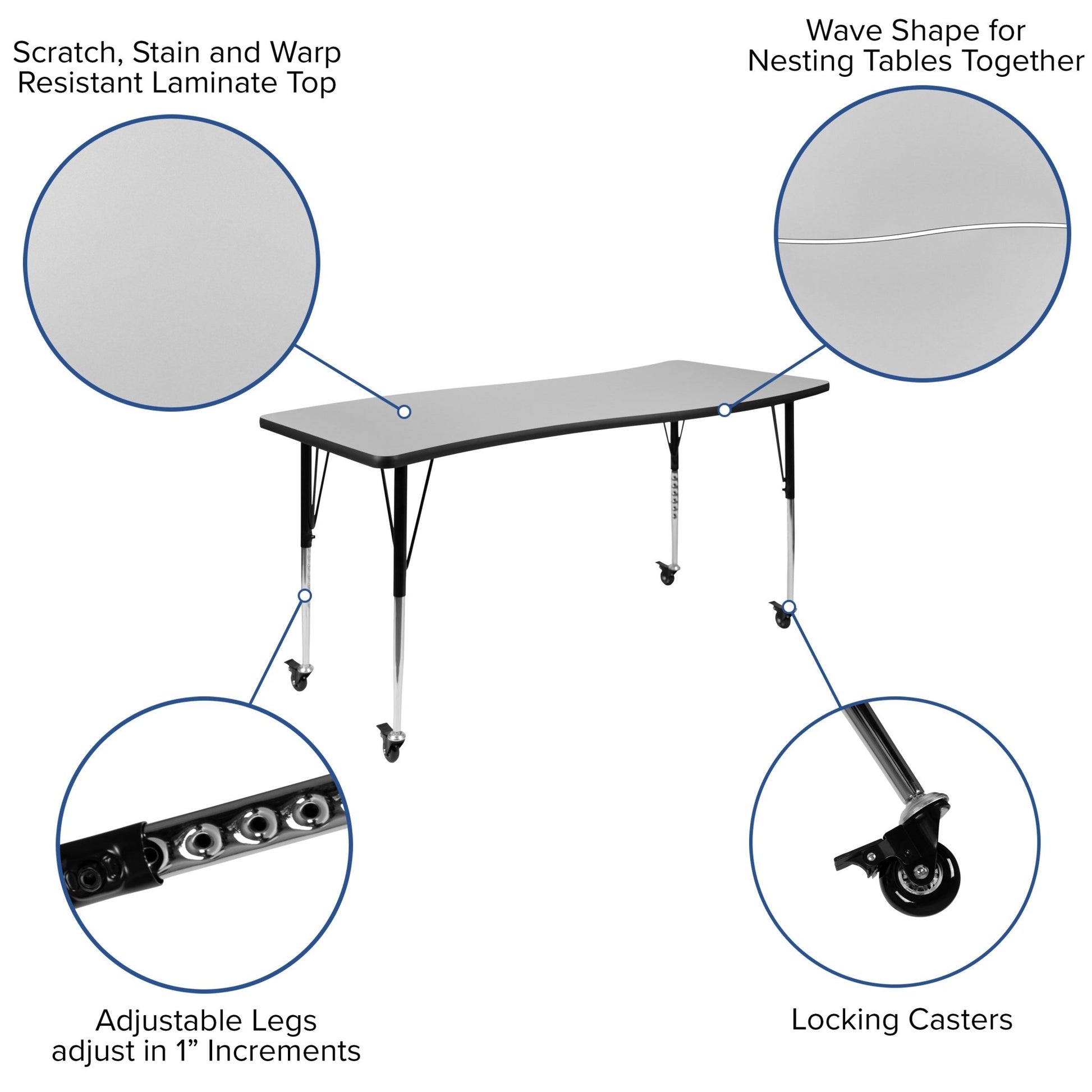 Wren Mobile 26"W x 60"L Rectangle Wave Flexible Collaborative Laminate Activity Table - Standard Height Adjust Legs - SchoolOutlet