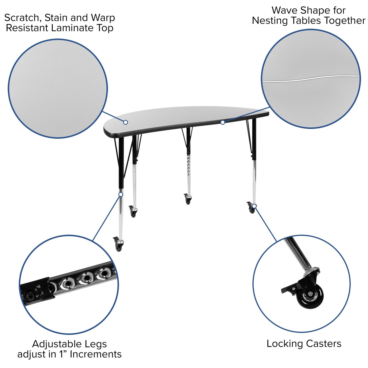 Wren Mobile 47.5" Half Circle Wave Flexible Collaborative Laminate Activity Table - Standard Height Adjustable Legs - SchoolOutlet