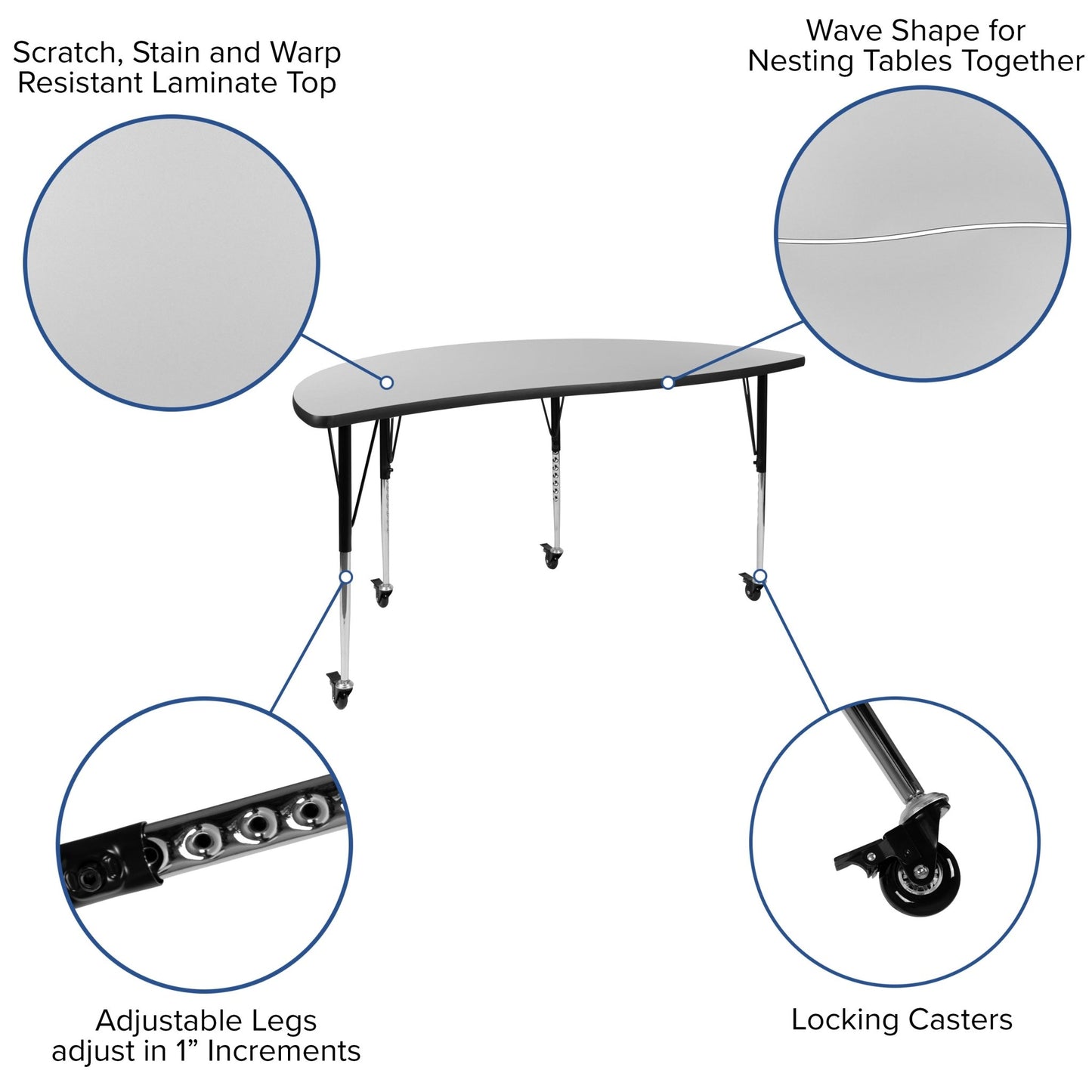 Wren Mobile 60" Half Circle Wave Flexible Collaborative Thermal Laminate Activity Table-Standard Height Adjust Legs - SchoolOutlet