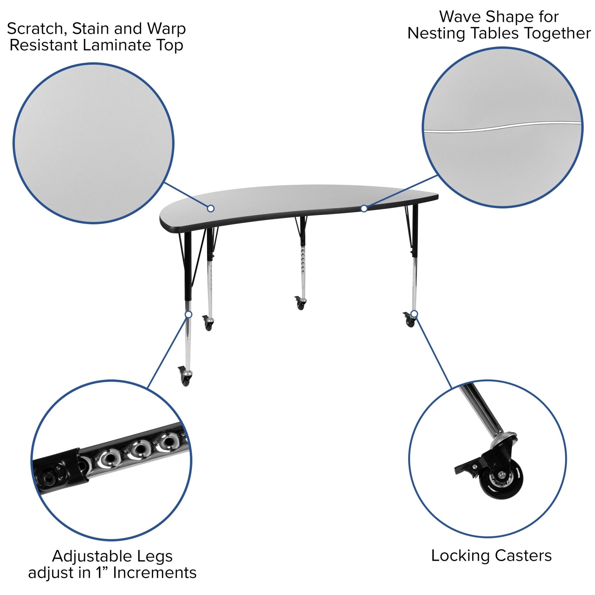 Wren Mobile 60" Half Circle Wave Flexible Collaborative Thermal Laminate Activity Table-Standard Height Adjust Legs - SchoolOutlet
