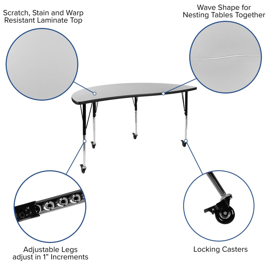 Wren Mobile 60" Half Circle Wave Flexible Collaborative Thermal Laminate Activity Table-Standard Height Adjust Legs - SchoolOutlet