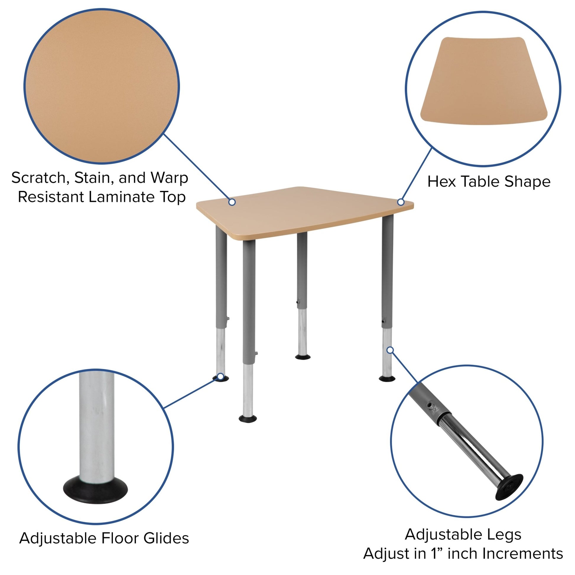 Billie Hex Natural Collaborative Student Desk (Adjustable from 22.3" to 34") - Home and Classroom - SchoolOutlet