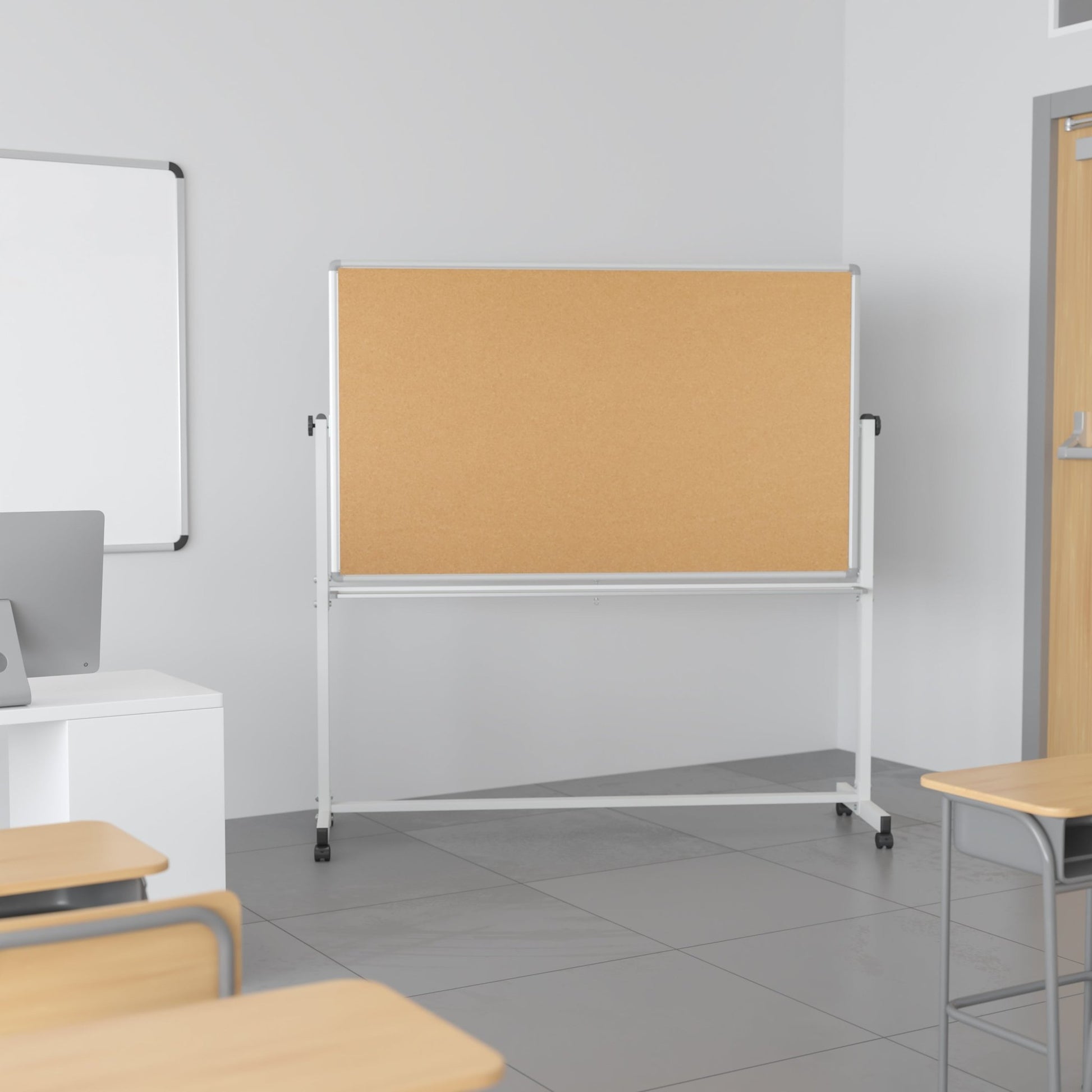 HERCULES Series 45.25"W x 54.75"H Reversible Mobile Cork Bulletin Board and White Board with Pen Tray - SchoolOutlet