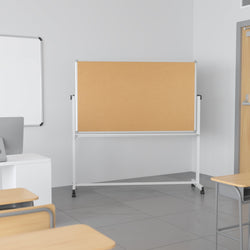 HERCULES Series 45.25"W x 54.75"H Reversible Mobile Cork Bulletin Board and White Board with Pen Tray