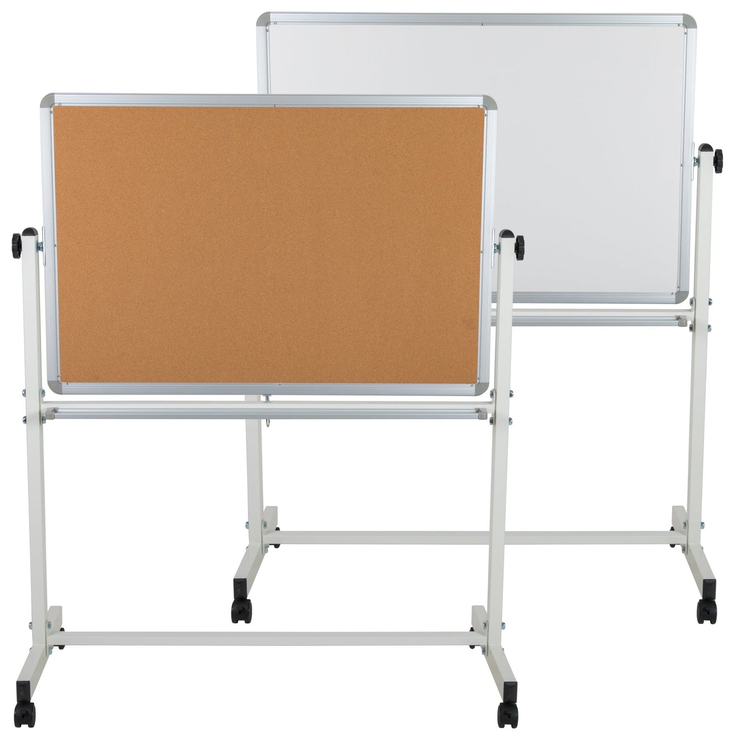 HERCULES Series 45.25"W x 54.75"H Reversible Mobile Cork Bulletin Board and White Board with Pen Tray - SchoolOutlet