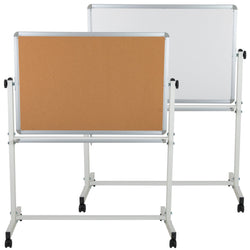 HERCULES Series 45.25"W x 54.75"H Reversible Mobile Cork Bulletin Board and White Board with Pen Tray