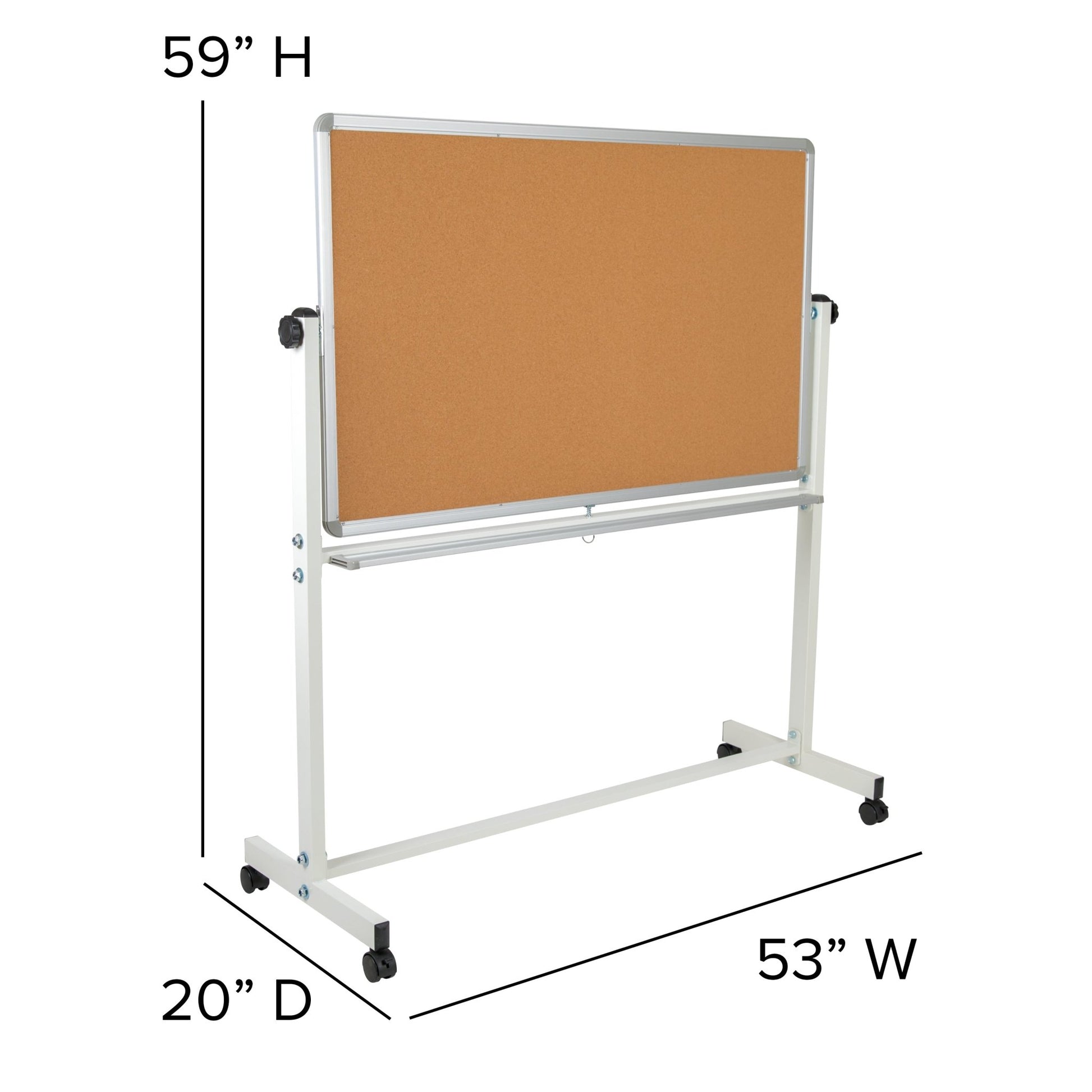 HERCULES Series 53"W x 59"H Reversible Mobile Cork Bulletin Board and White Board with Pen Tray - SchoolOutlet