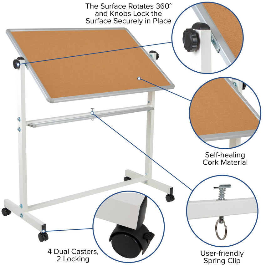 HERCULES Series 53"W x 59"H Reversible Mobile Cork Bulletin Board and White Board with Pen Tray - SchoolOutlet