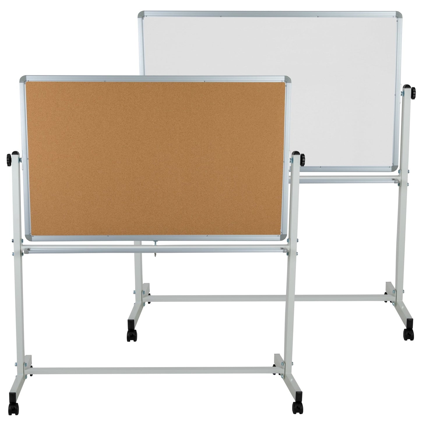 HERCULES Series 53"W x 59"H Reversible Mobile Cork Bulletin Board and White Board with Pen Tray - SchoolOutlet