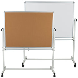 HERCULES Series 53"W x 62.5"H Reversible Mobile Cork Bulletin Board and White Board with Pen Tray