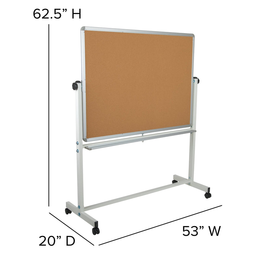 HERCULES Series 53"W x 62.5"H Reversible Mobile Cork Bulletin Board and White Board with Pen Tray - SchoolOutlet