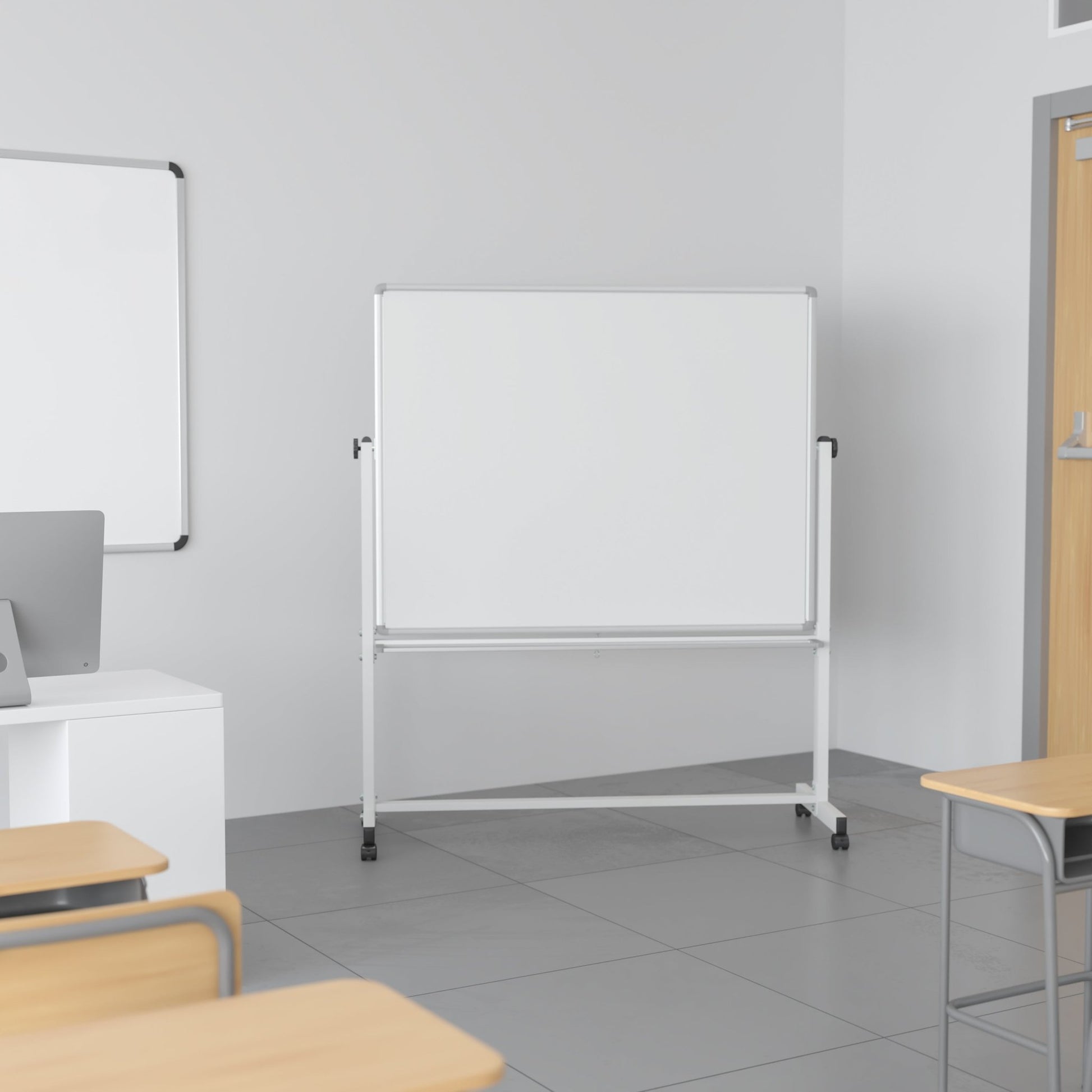 HERCULES Series 53"W x 62.5"H Double-Sided Mobile White Board with Pen Tray - SchoolOutlet