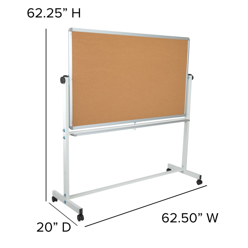 HERCULES Series 62.5"W x 62.25"H Reversible Mobile Cork Bulletin Board and White Board with Pen Tray - SchoolOutlet