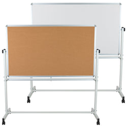 HERCULES Series 62.5"W x 62.25"H Reversible Mobile Cork Bulletin Board and White Board with Pen Tray